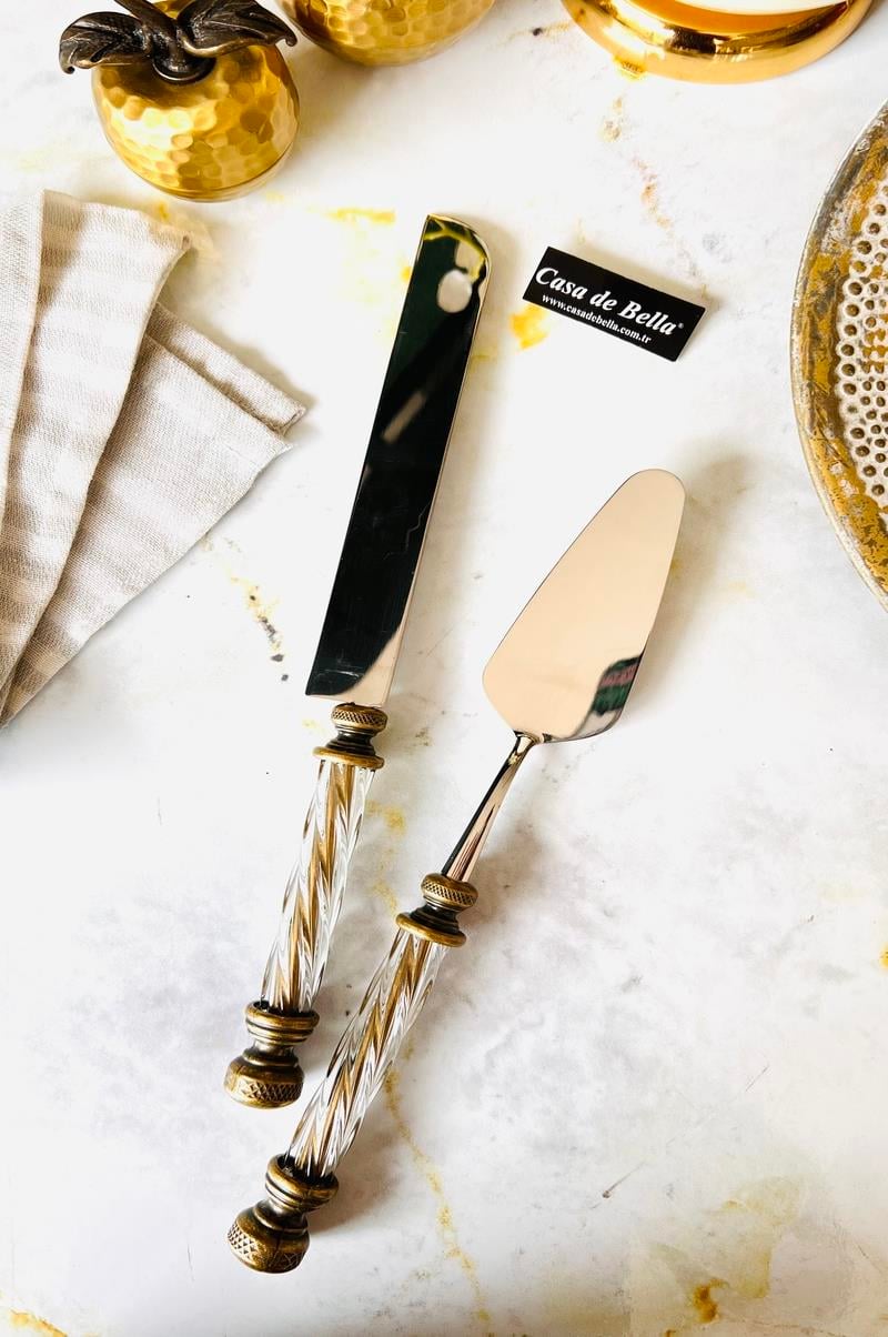 Gold Eskitme 2 Parça Kristal Spatula Bıçak Servis Seti