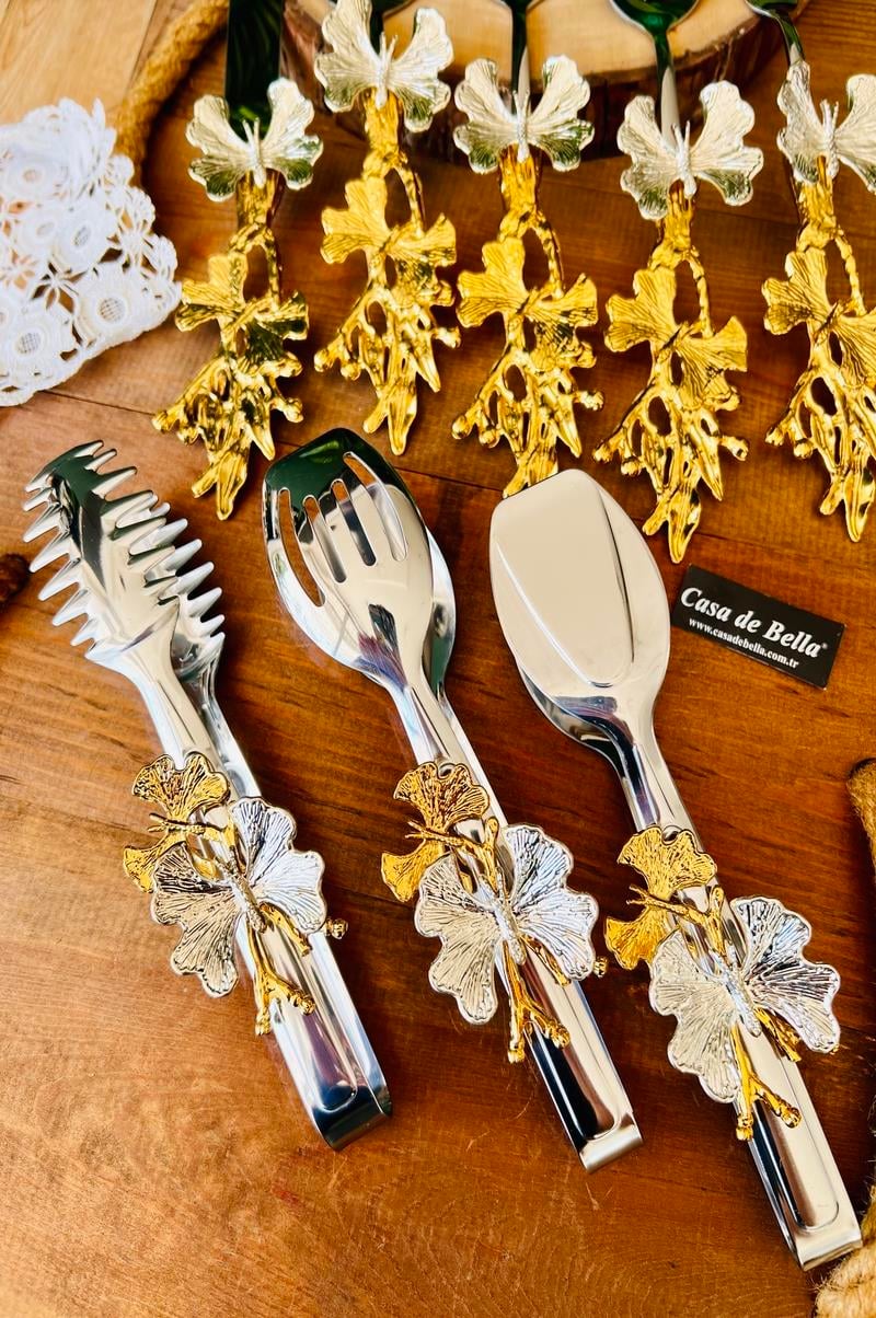 Gold Kelebek Desenli 8 Parça Servis Maşa Seti