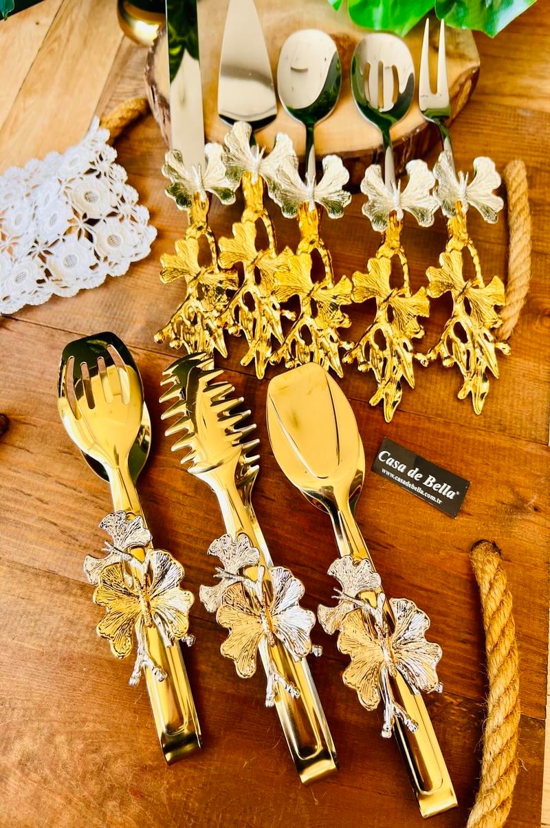 Gold Kelebek Desenli 8 Parça Servis Maşa Seti-GOLD MAŞA