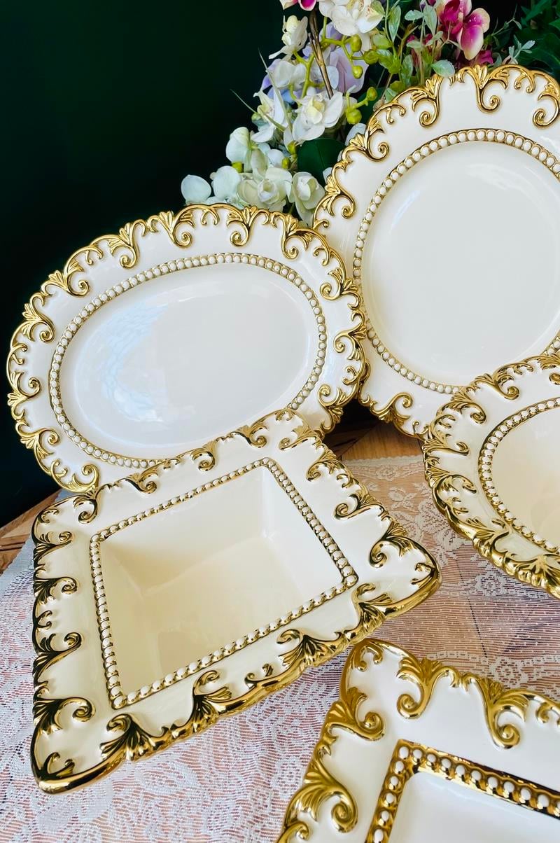 Gold Kenarlı 5 Parça Kabartmalı Sunum Servis Seti