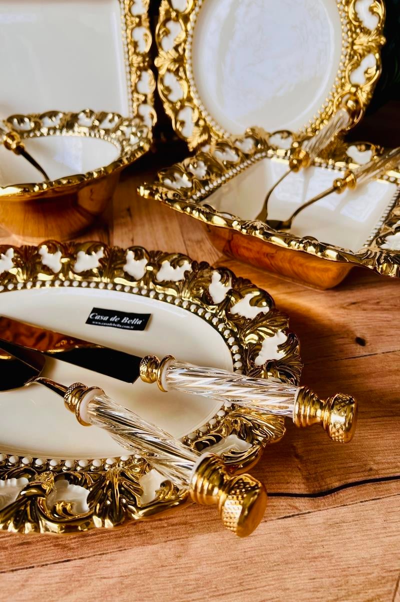 Gold Kenarlı 5 Parça Kabartmalı Sunum Servis Seti