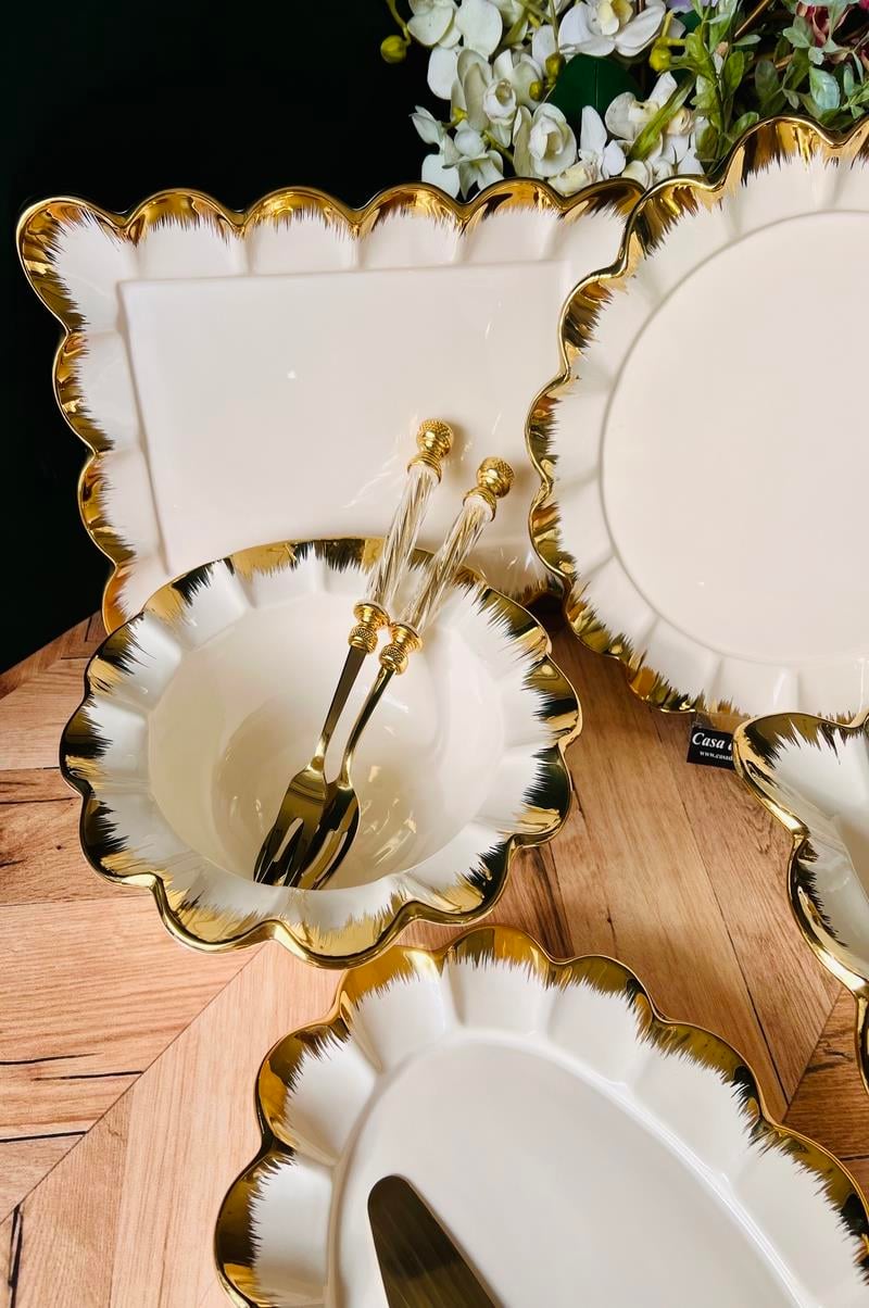 Gold Kenarlı 5 Parça Kabartmalı Sunum Servis Seti