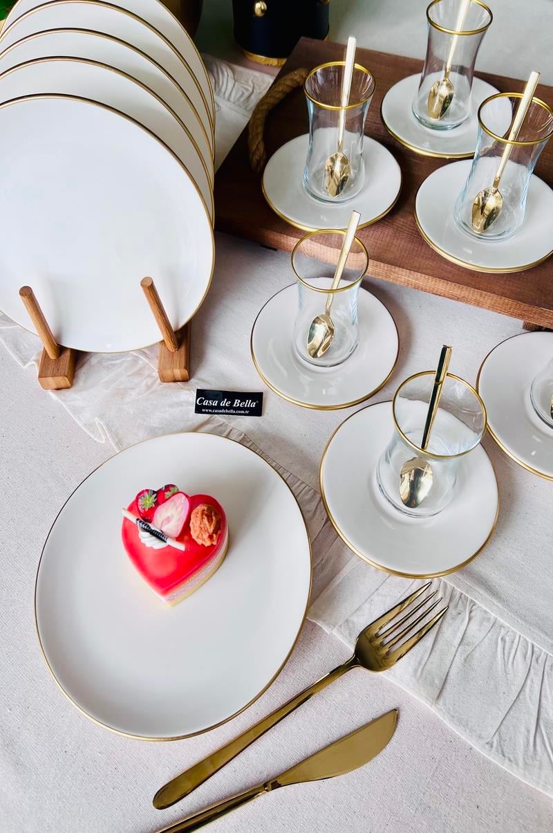 Gold Modern 18 Parça 6 Kişilik Yaldızlı Çay Seti