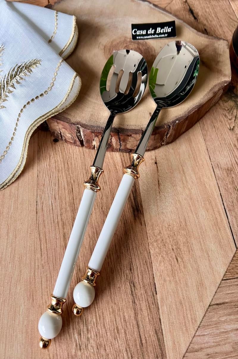 Gold Şeritli 2 Parça Boncuk Figürlü Salata Servis Seti