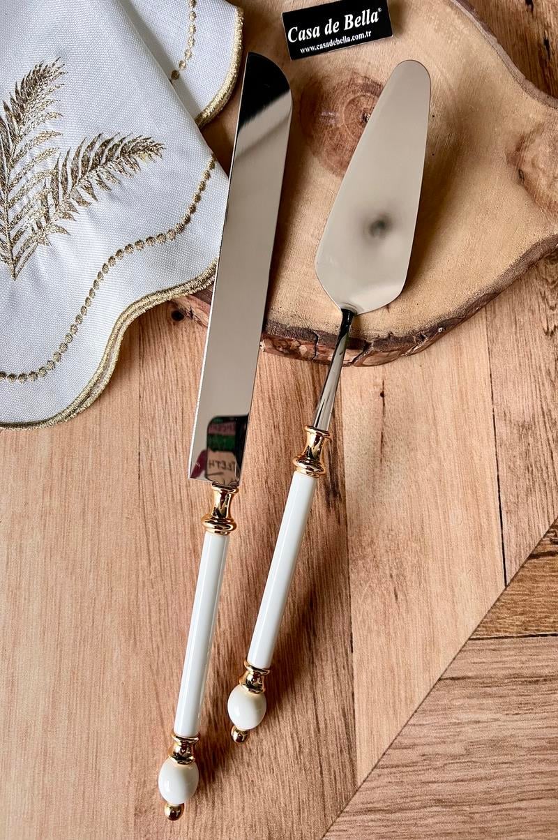 Gold Şeritli 2 Parça Boncuk Figürlü Spatula Bıçak Servis Seti