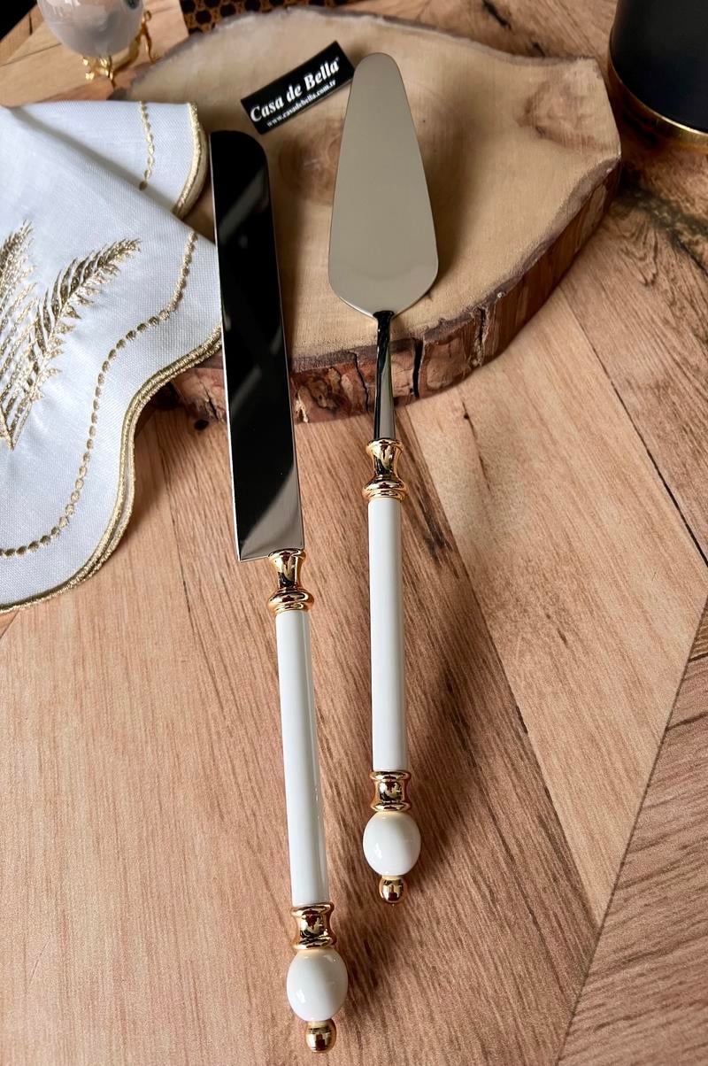 Gold Şeritli 2 Parça Boncuk Figürlü Spatula Bıçak Servis Seti