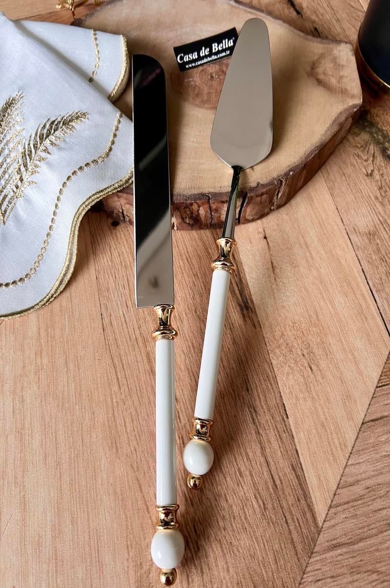 Gold Şeritli 2 Parça Boncuk Figürlü Spatula Bıçak Servis Seti