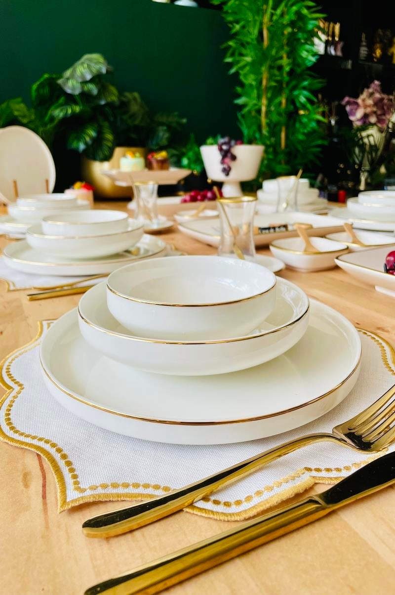 Gold Şeritli Modern 75 Parça 12 Kişilik Yemek ve Kahvaltı Takımı