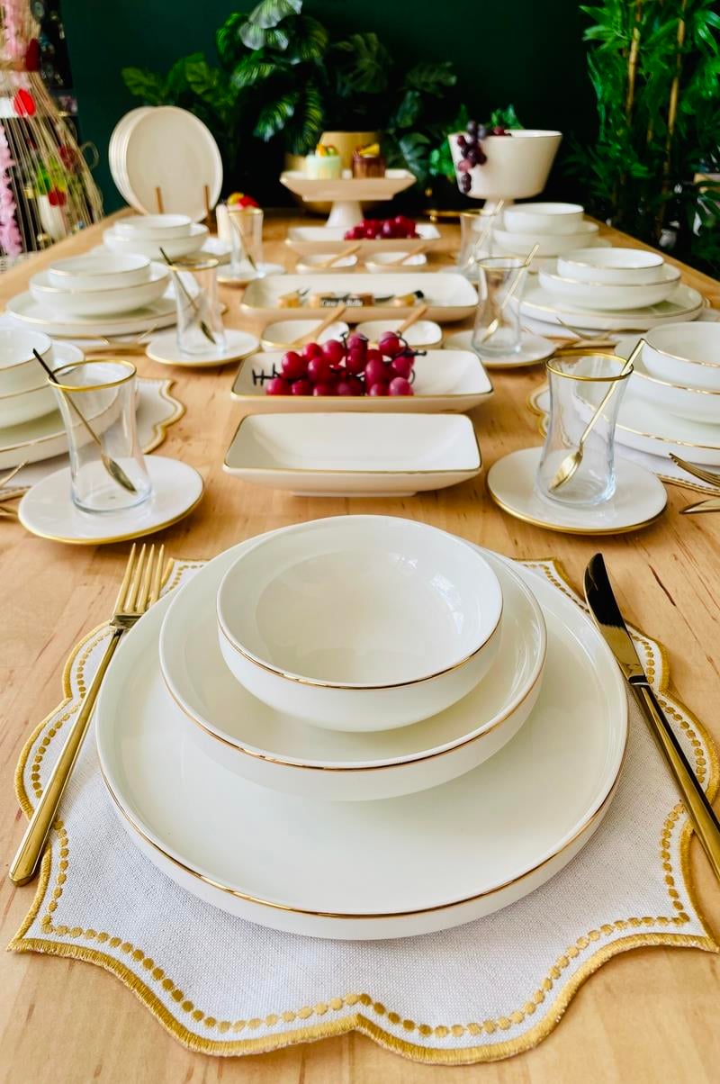 Gold Şeritli Modern 75 Parça 12 Kişilik Yemek ve Kahvaltı Takımı
