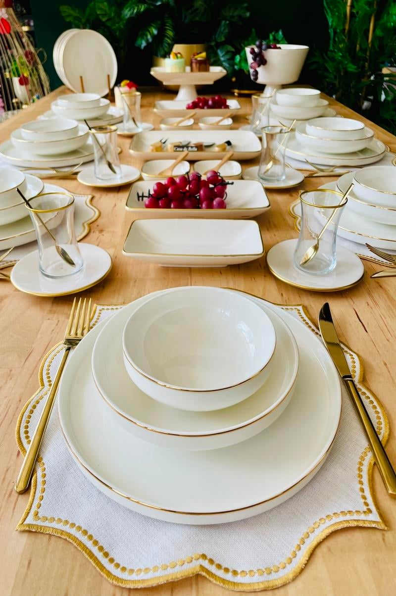 Gold Şeritli Modern 75 Parça 12 Kişilik Yemek ve Kahvaltı Takımı
