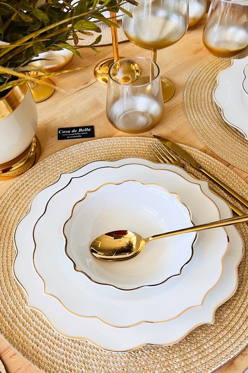 Gold Yaldızlı Modern 126 Parça 12 Kişilik Yemek ve Kahvaltı Takımı