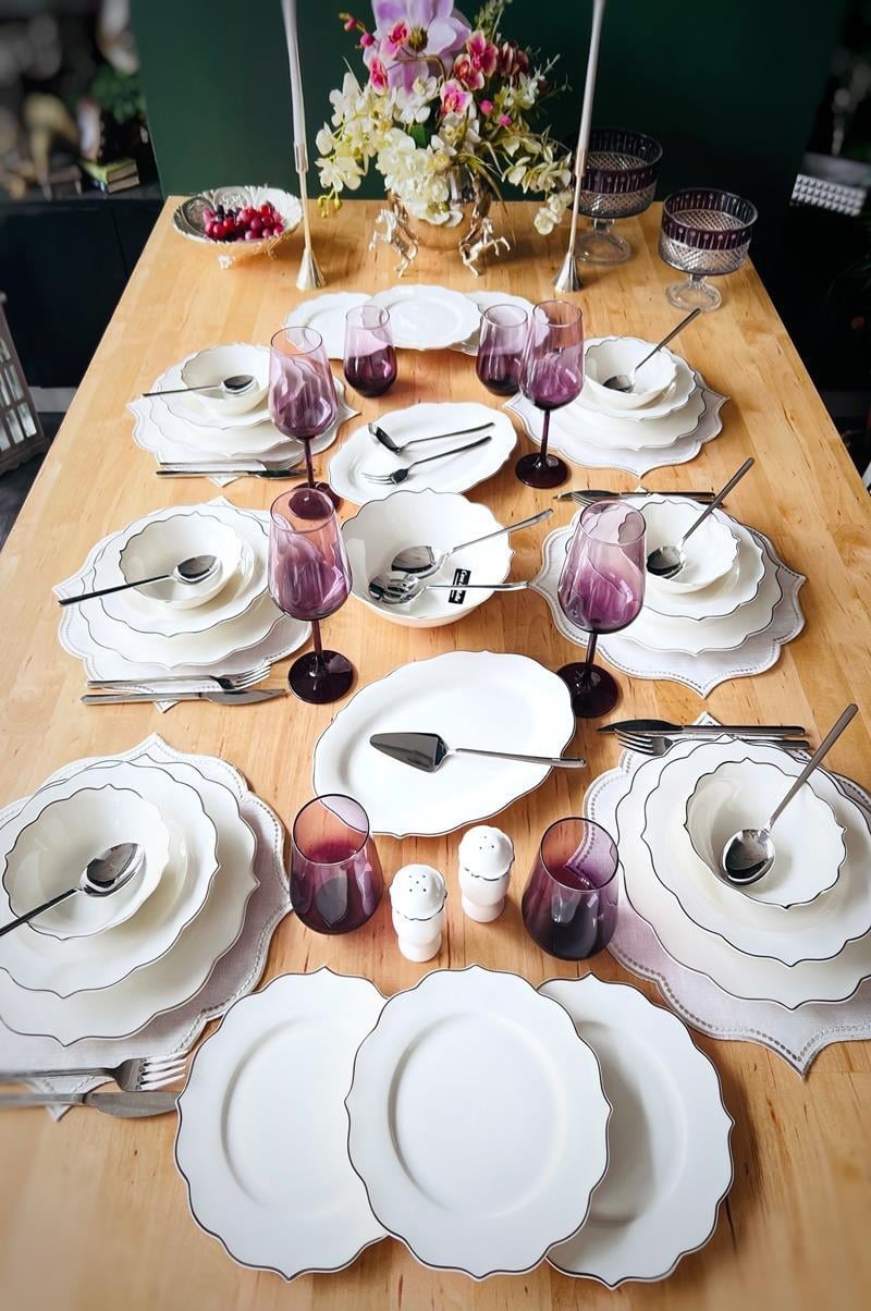 Gümüş Şeritli 12 Kişilik 145 Parça Bone China Yemek Takımı ve Çatal Kaşık Servis Seti