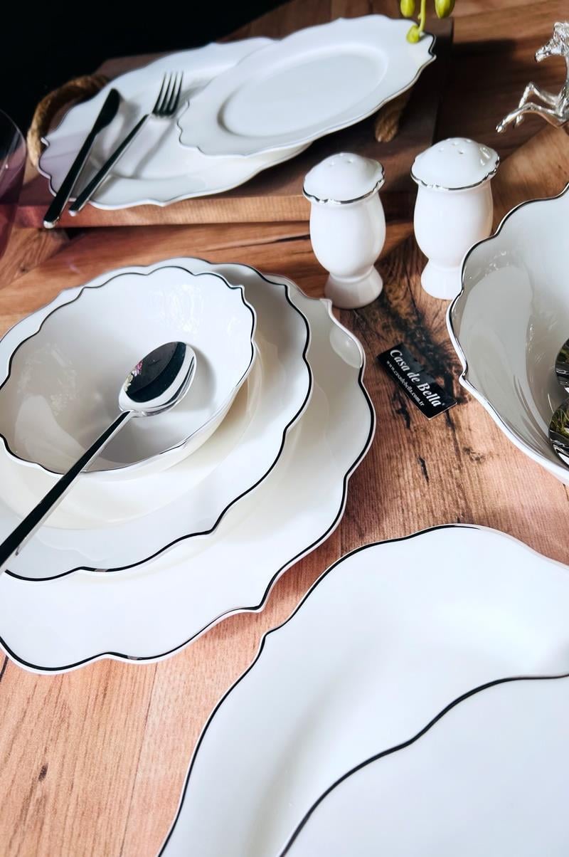 Gümüş Şeritli 12 Kişilik 145 Parça Bone China Yemek Takımı ve Çatal Kaşık Servis Seti