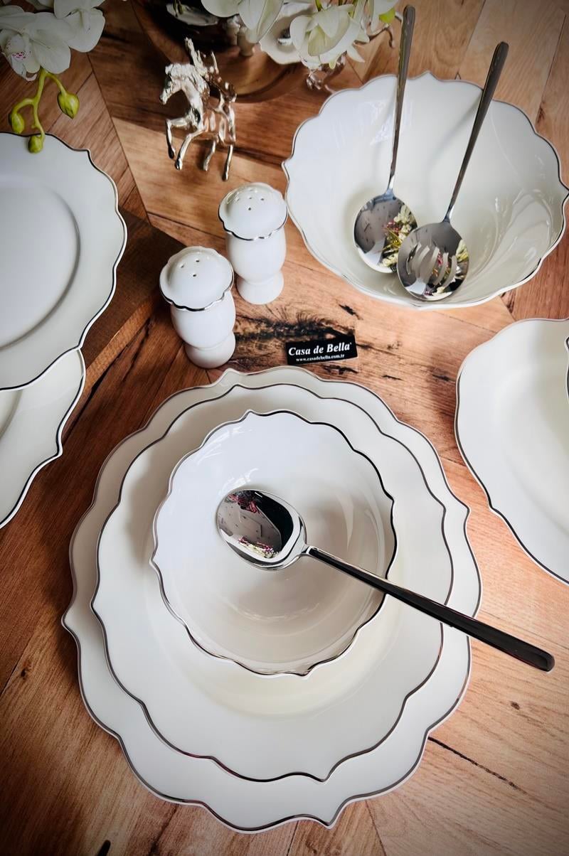 Gümüş Şeritli 12 Kişilik 56 Parça Bone China Yemek Takımı