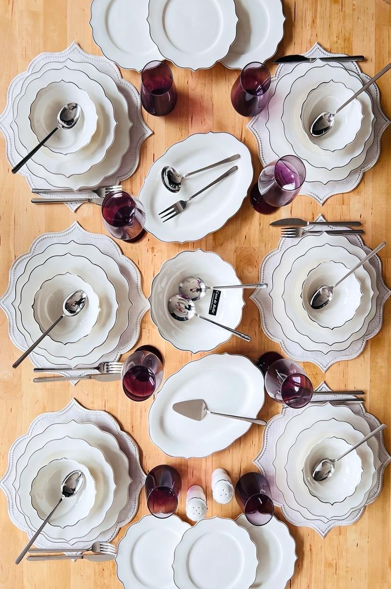 Gümüş Şeritli 12 Kişilik 56 Parça Bone China Yemek Takımı