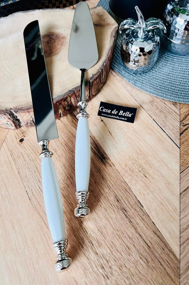 Gümüş Şeritli 2 Parça Avangard Spatula Bıçak Servis Seti