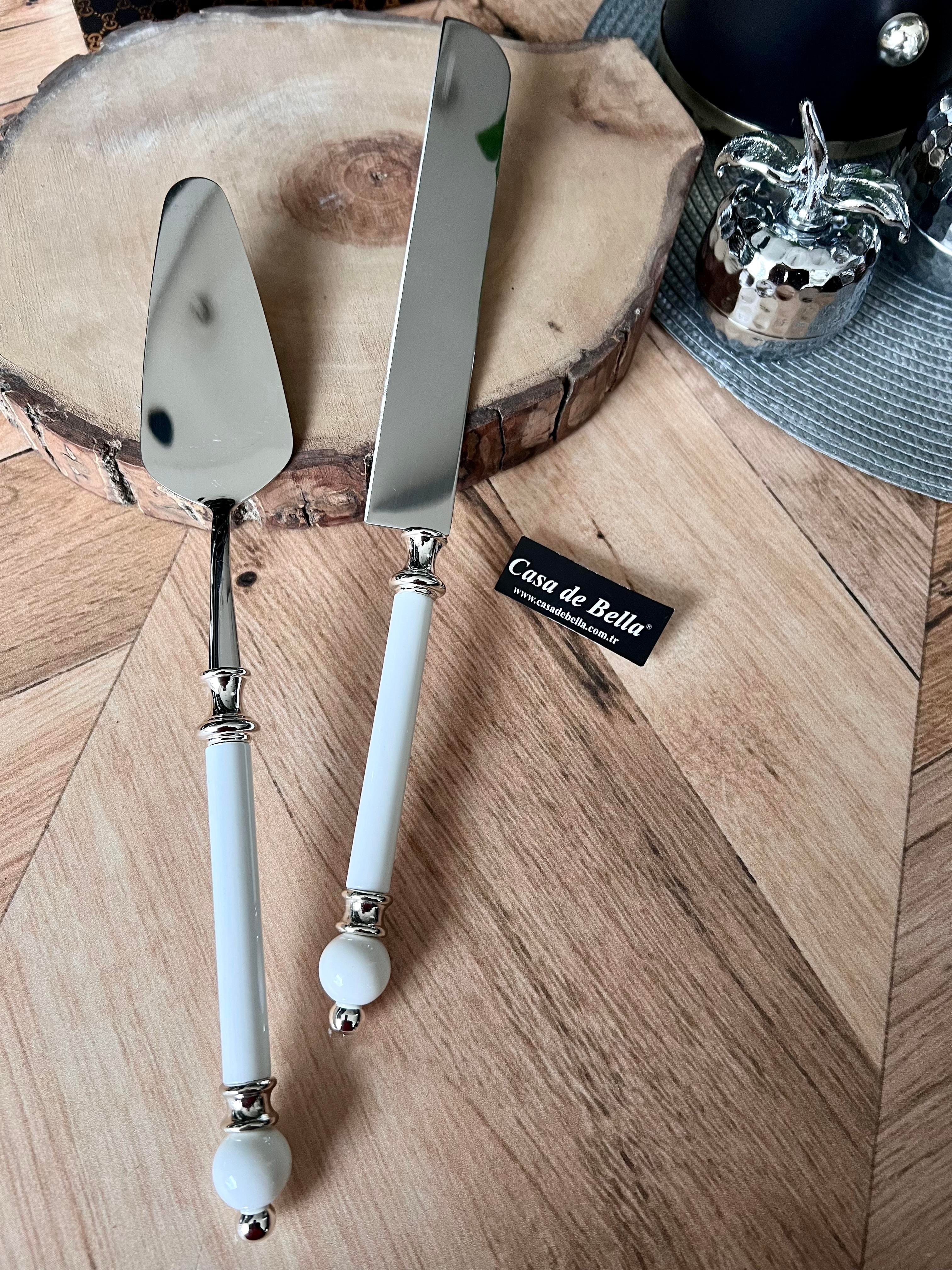 Gümüş Şeritli 2 Parça Boncuk Figürlü Spatula Bıçak Servis Seti