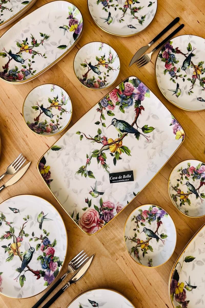 Kuş Motifli 15 Parça 6 Kişilik Lüks Kahvaltı Takımı
