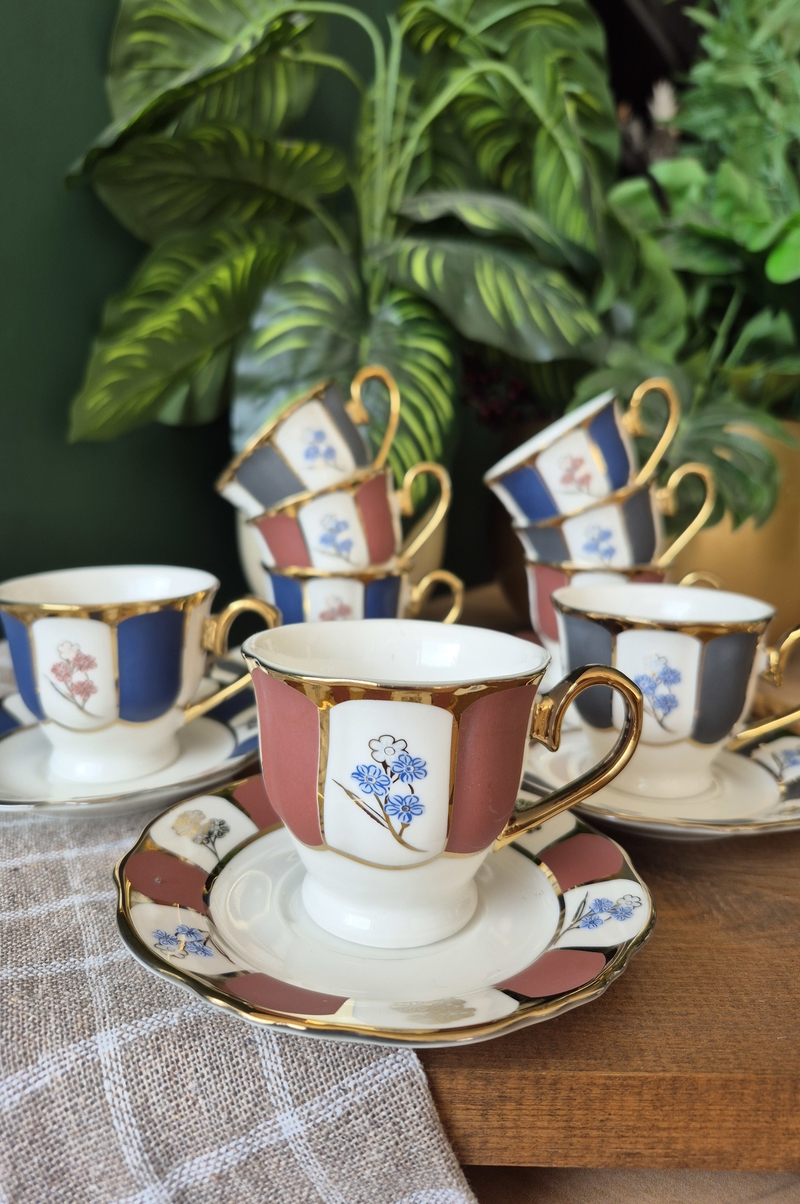 MAT GOLD ÇİÇEK DESENLİ 3 MODEL 6 KİŞİLİK PORSELEN KAHVE FİNCANI