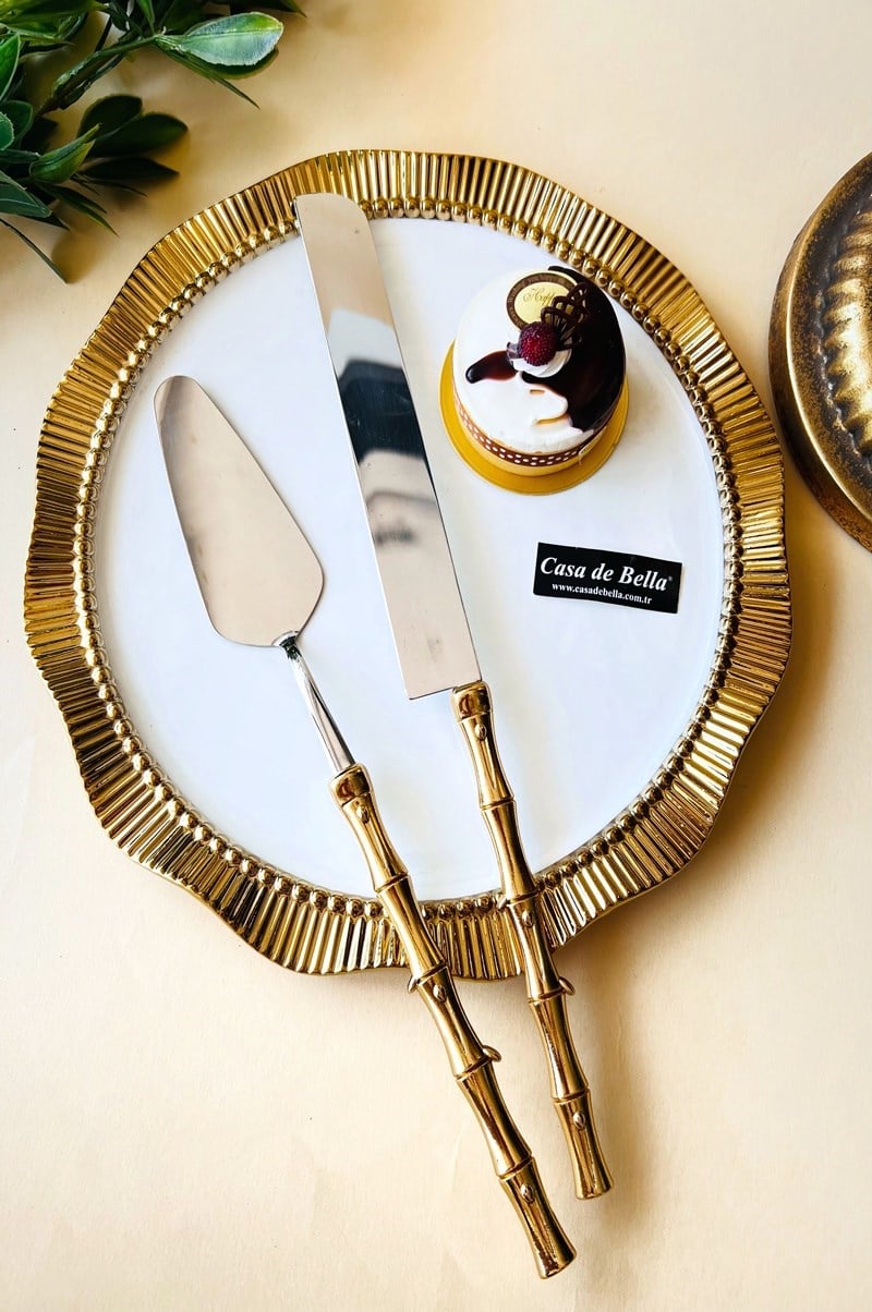 Metal Saplı 2 Parça Gold Bambu Servis Seti