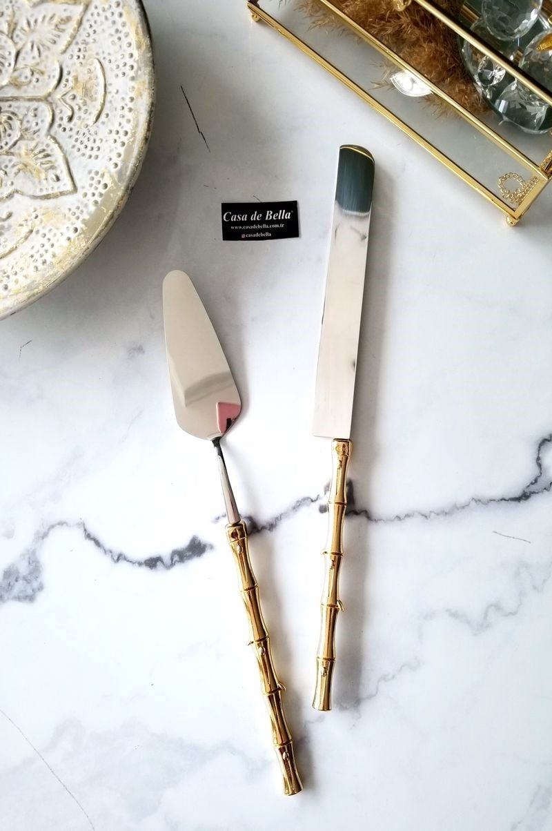Metal Saplı 2 Parça Gold Bambu Servis Seti