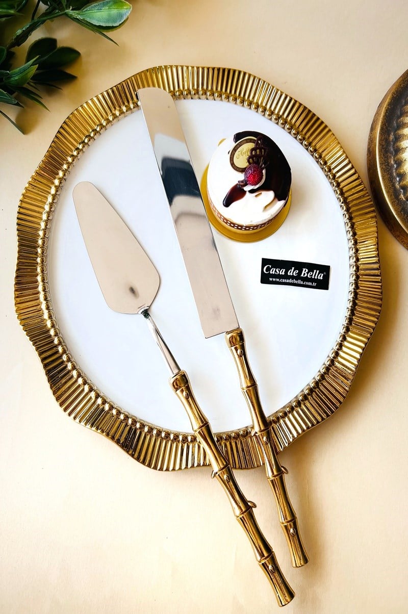 Metal Saplı 2 Parça Gold Bambu Servis Seti