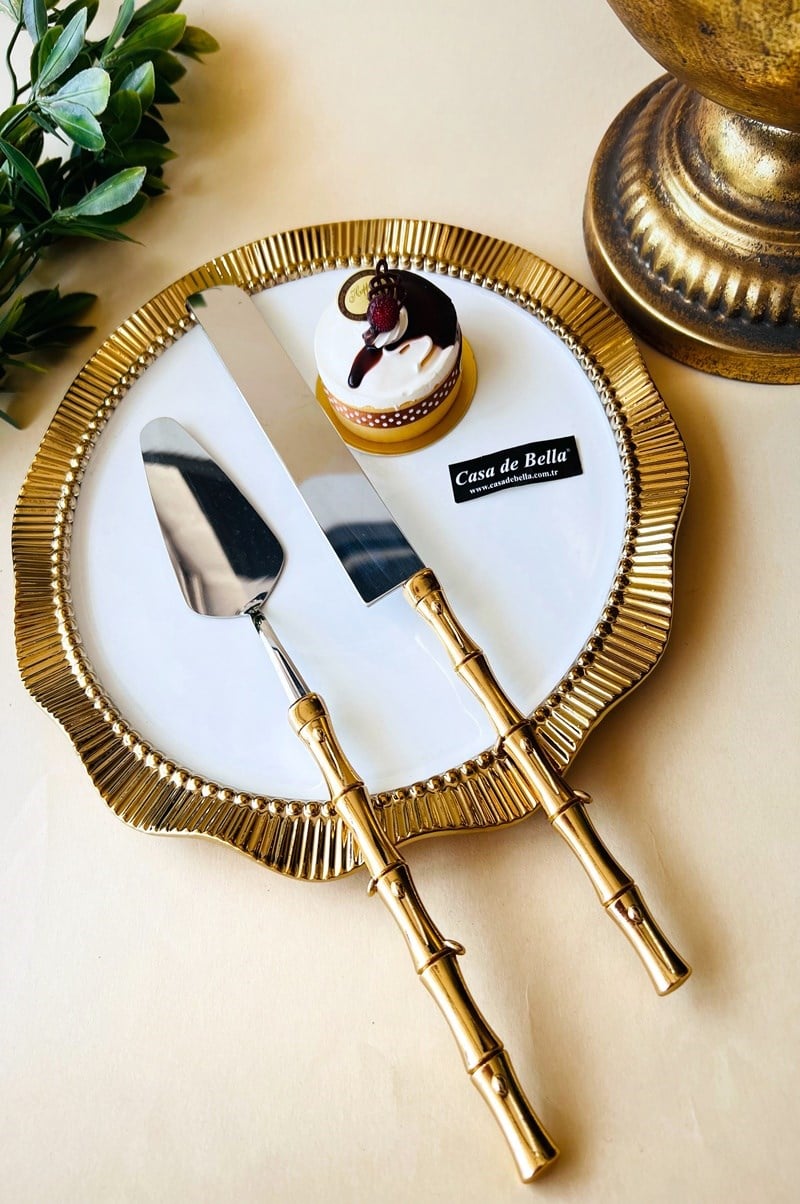Metal Saplı 2 Parça Gold Bambu Servis Seti