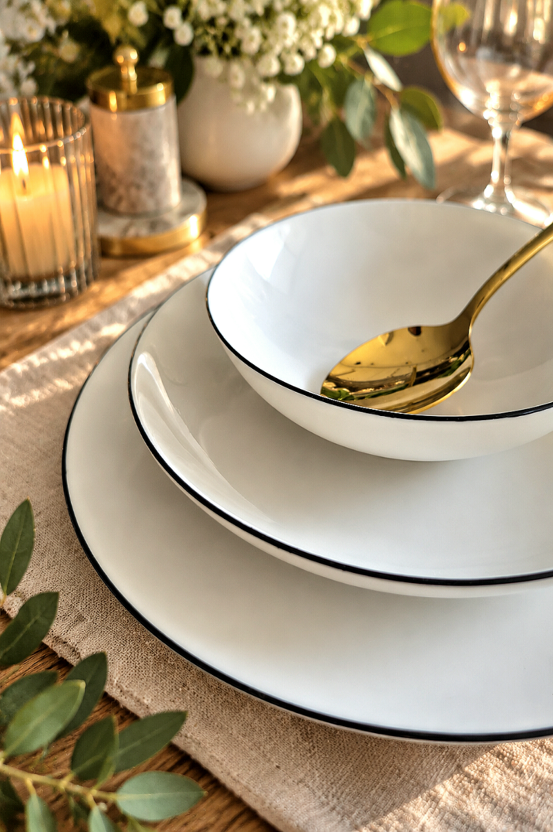 Modern Siyah Detaylı 24 Parça 6 Kişilik Yemek Takımı