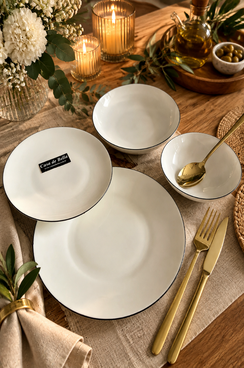 Modern Siyah Detaylı 24 Parça 6 Kişilik Yemek Takımı