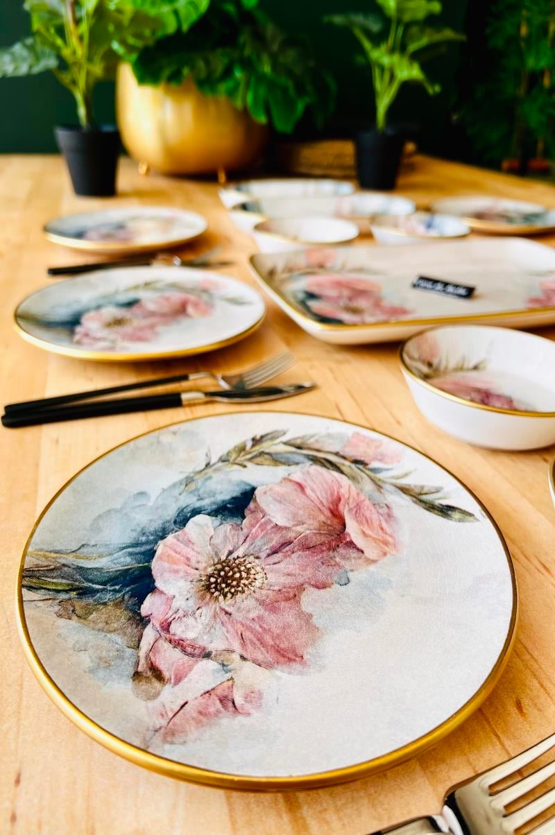 Mor Çiçek 6 Kişilik Porselen Kahvaltı Servis Tabağı 21cm