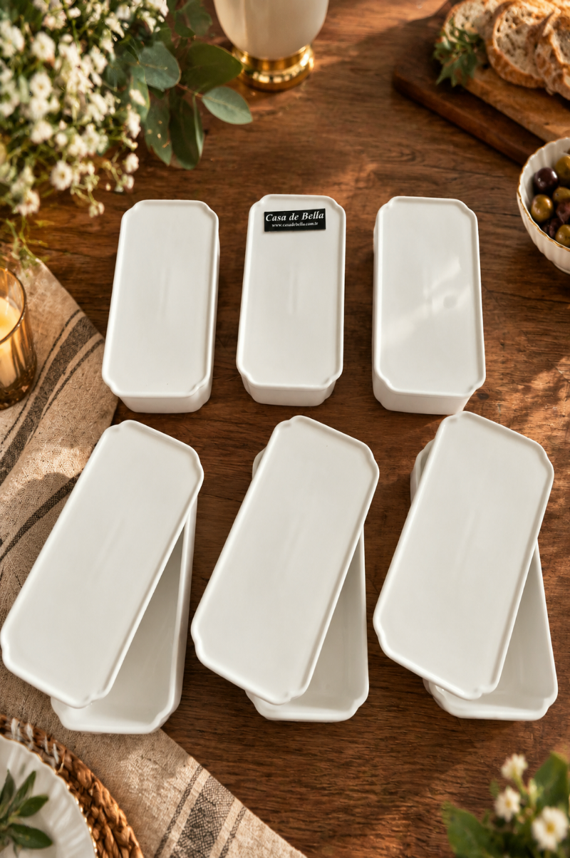 Pure White 6 Lı Dikdörtgen Kapaklı 18,5x9cm Porselen Kase Kahvaltılık 5,5 cm derinlik