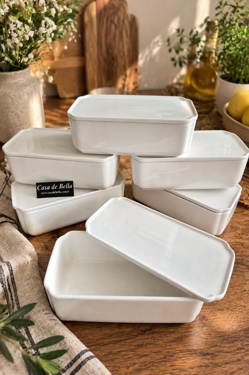 Pure White 6 Lı Dikdörtgen Kapaklı 18,5x9cm Porselen Kase Kahvaltılık 5,5 cm derinlik