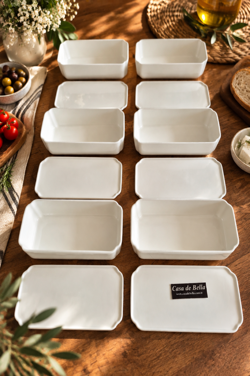 Pure White 6 Lı Dikdörtgen Kapaklı 18,5x9cm Porselen Kase Kahvaltılık 5,5 cm derinlik