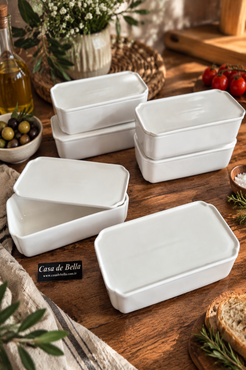 Pure White 6 Lı Dikdörtgen Kapaklı 18,5x9cm Porselen Kase Kahvaltılık 5,5 cm derinlik