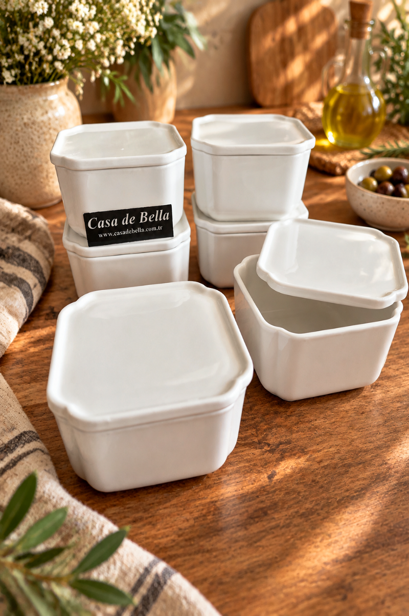 Pure White 6 Lı Kare Kapaklı 9 cm X 9 cm Porselen Kase Kahvaltılık 4 cm derinlik