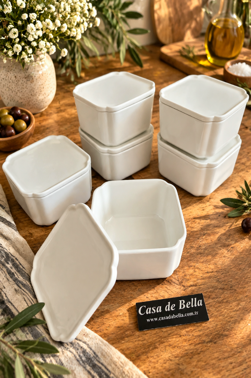Pure White 6 Lı Kare Kapaklı 9 cm X 9 cm Porselen Kase Kahvaltılık 4 cm derinlik