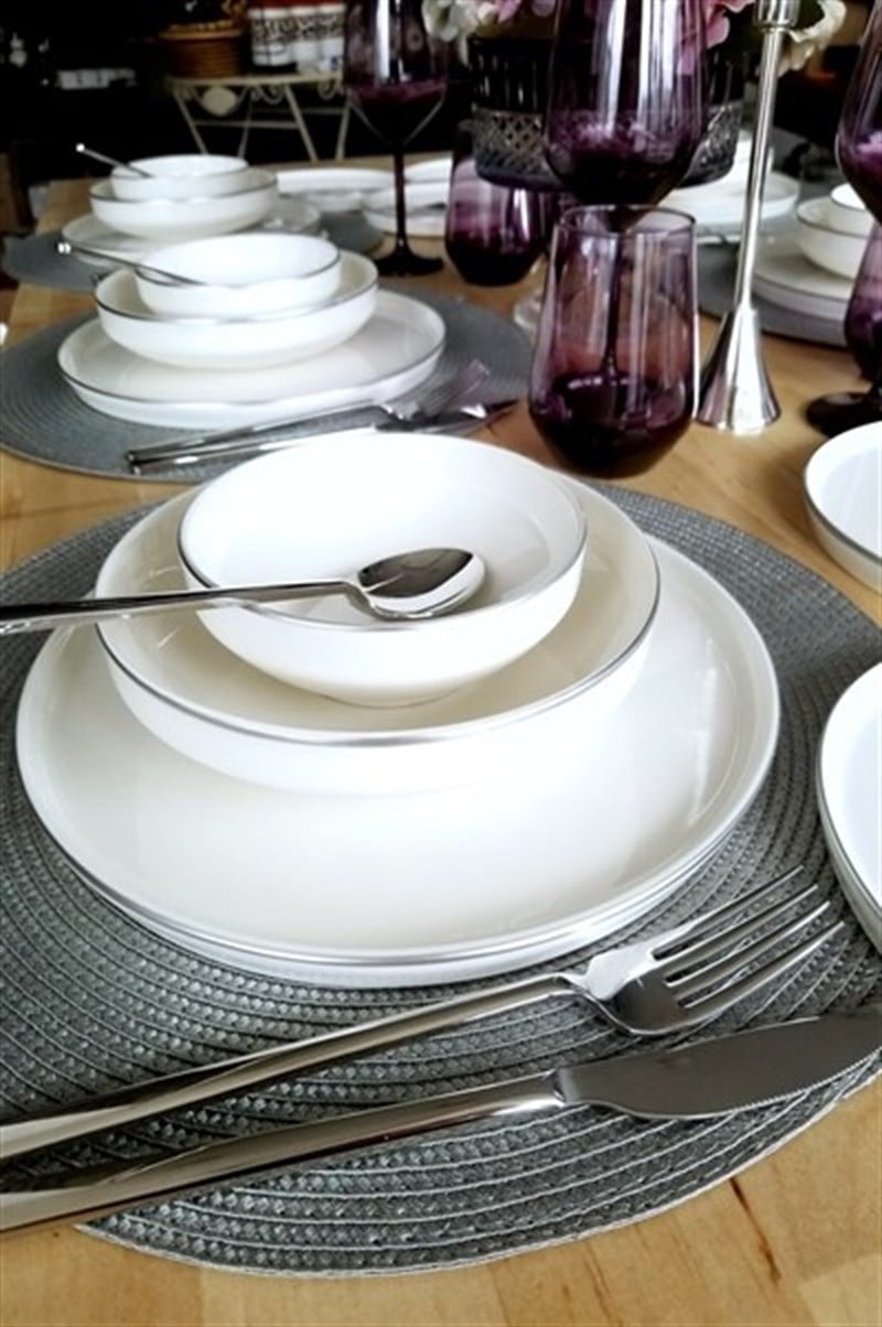WHİTE MODERN GÜMÜŞ DETAYLI 24 PARÇA PORSELEN YEMEK TAKIMI