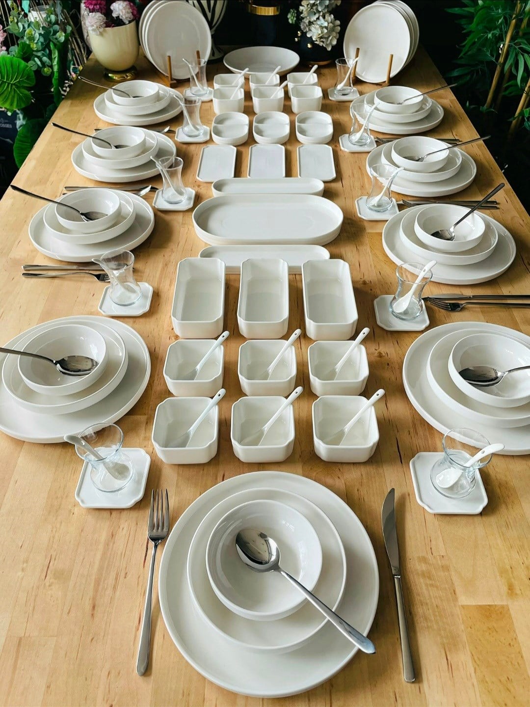 White Modern Sade 201 Parça 12 Kişilik Yemek Takımı ve Kahvaltı Takımı ve Çatal Kaşık Servis Seti