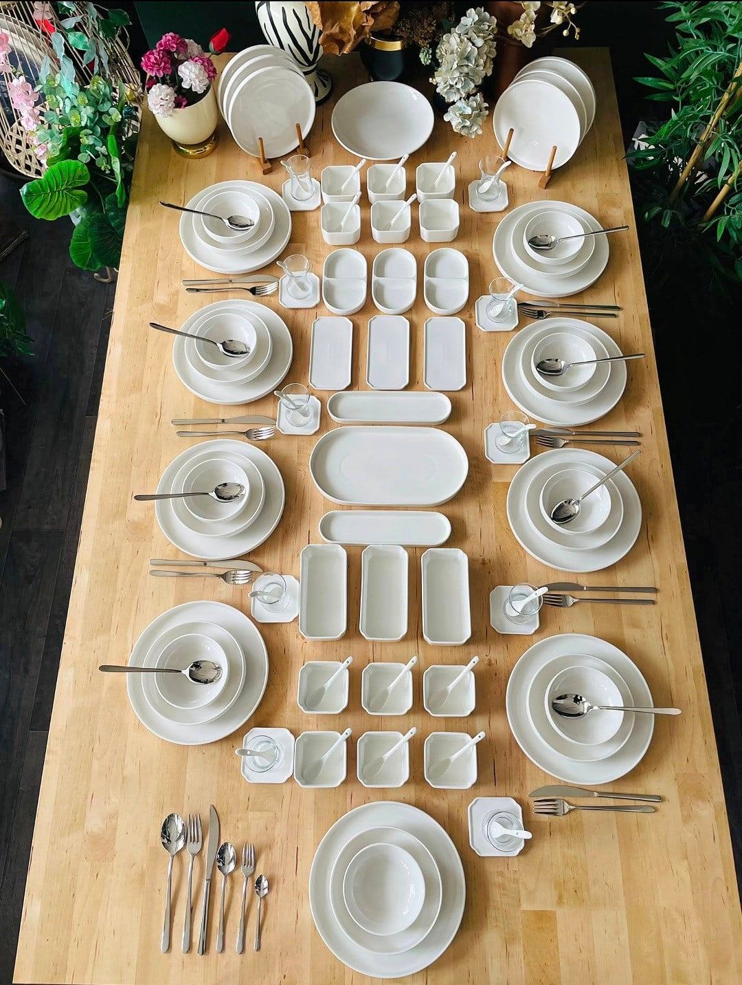 White Modern Sade 201 Parça 12 Kişilik Yemek Takımı ve Kahvaltı Takımı ve Çatal Kaşık Servis Seti