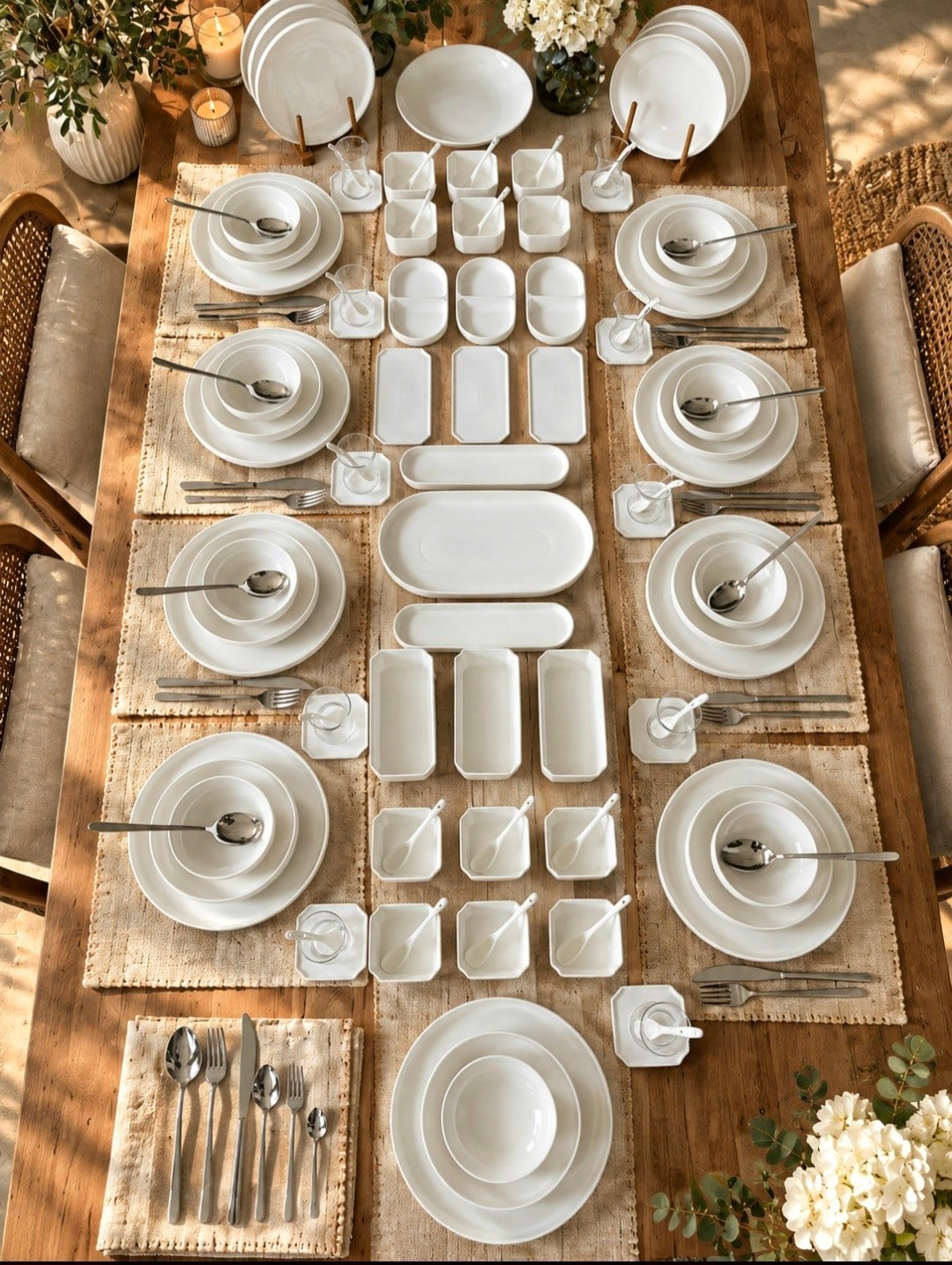 White Modern Sade 201 Parça 12 Kişilik Yemek Takımı ve Kahvaltı Takımı ve Çatal Kaşık Servis Seti