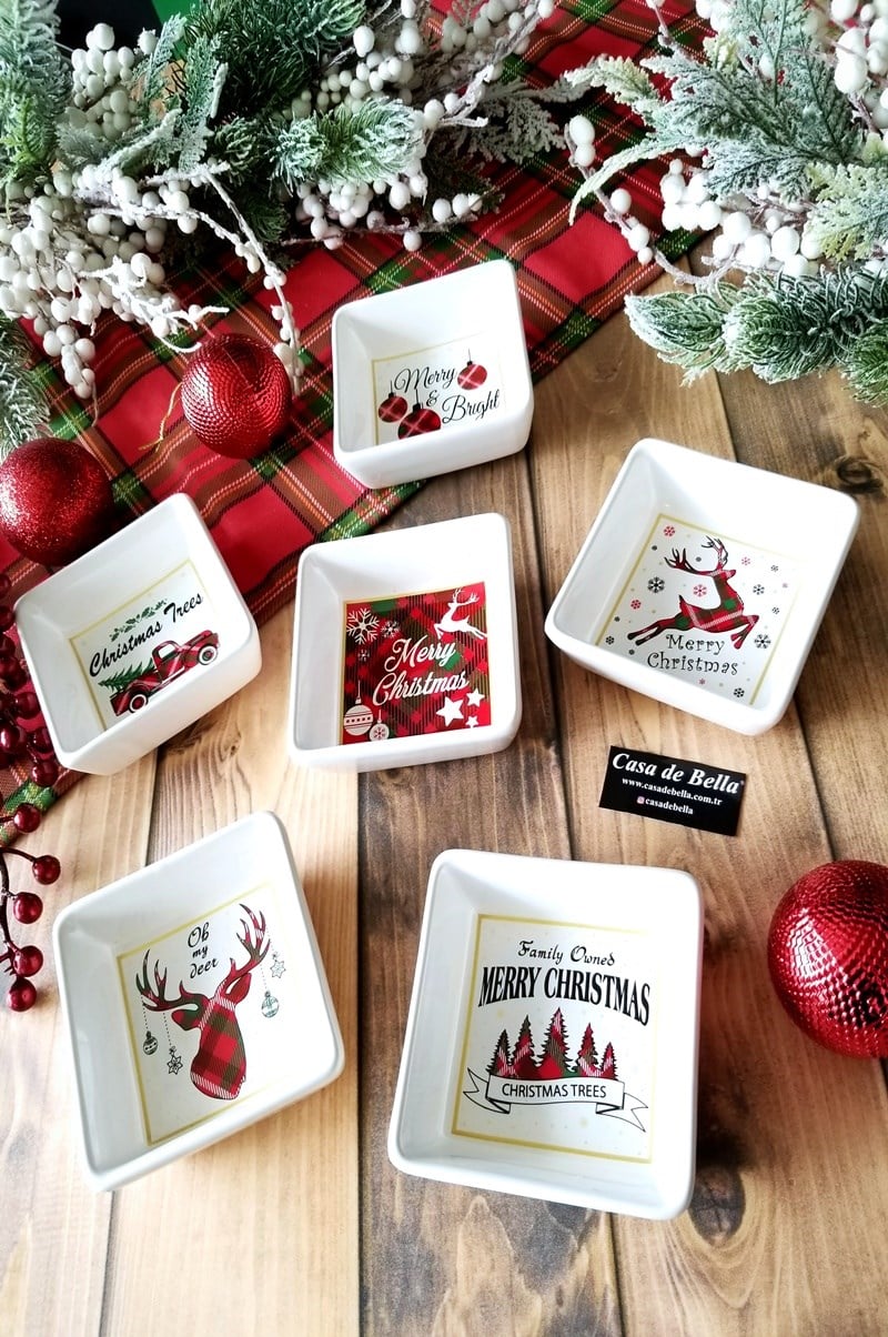 Yılbaşı Desenli 6 Kişilik Seramik Kare Çerezlik