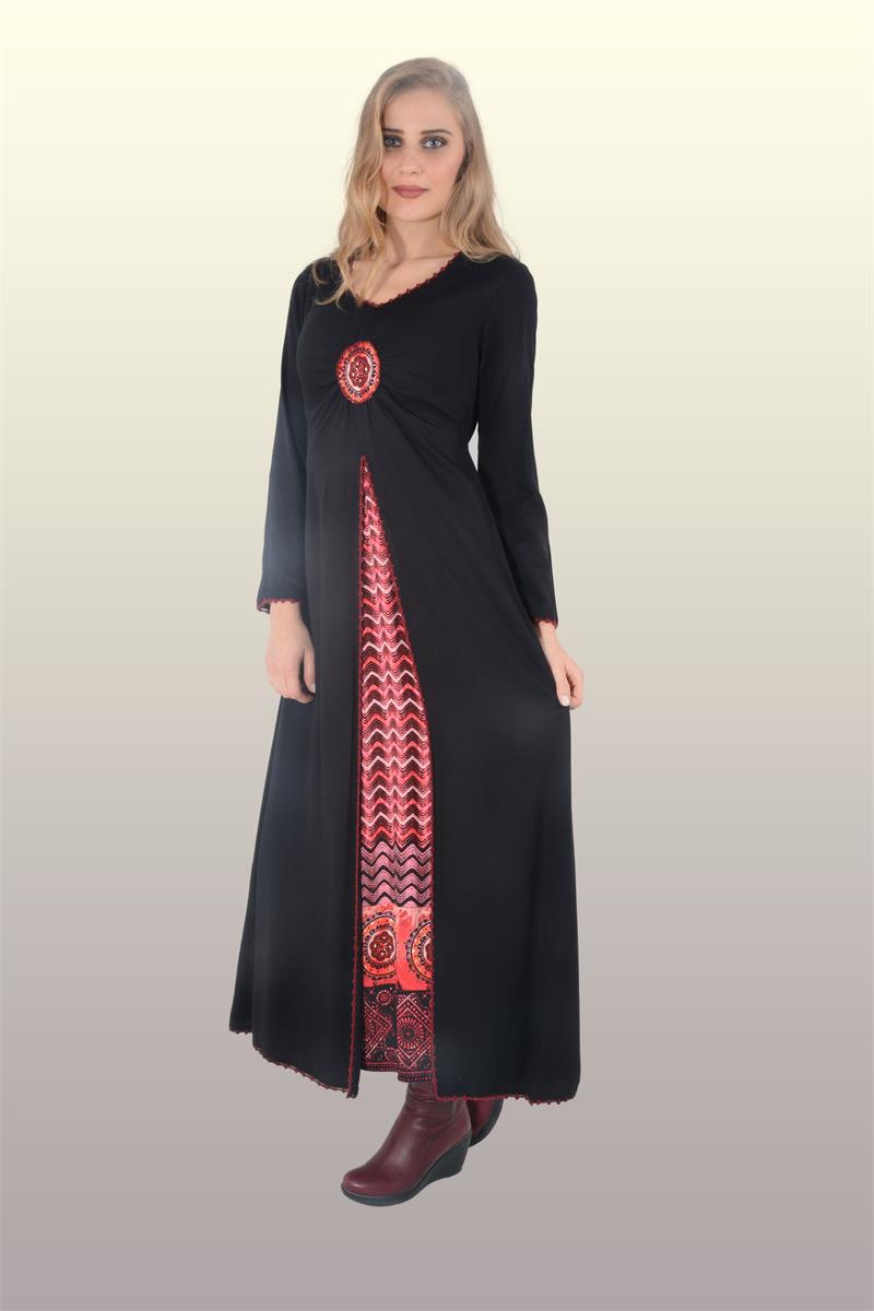 Otantik Giyim -Büzgülü Desenli Elbise-703-Siyah