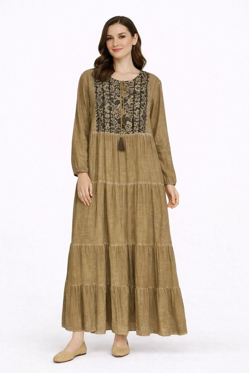 1502 Yıkamalı Camel Elbise