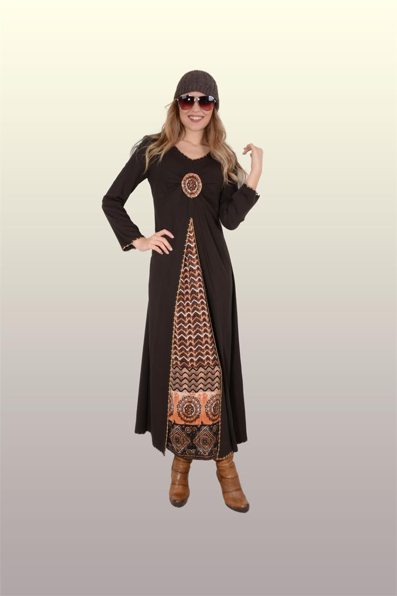 Otantik Giyim -Büzgülü Desenli Elbise-703-Kahve