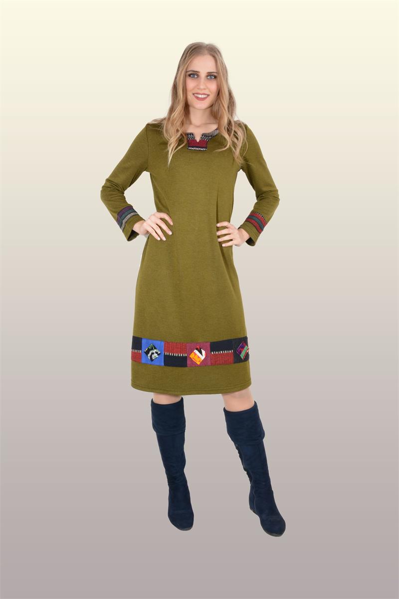 Otantik Giyim737--Eteği Peçli Elbise-A Yeşil