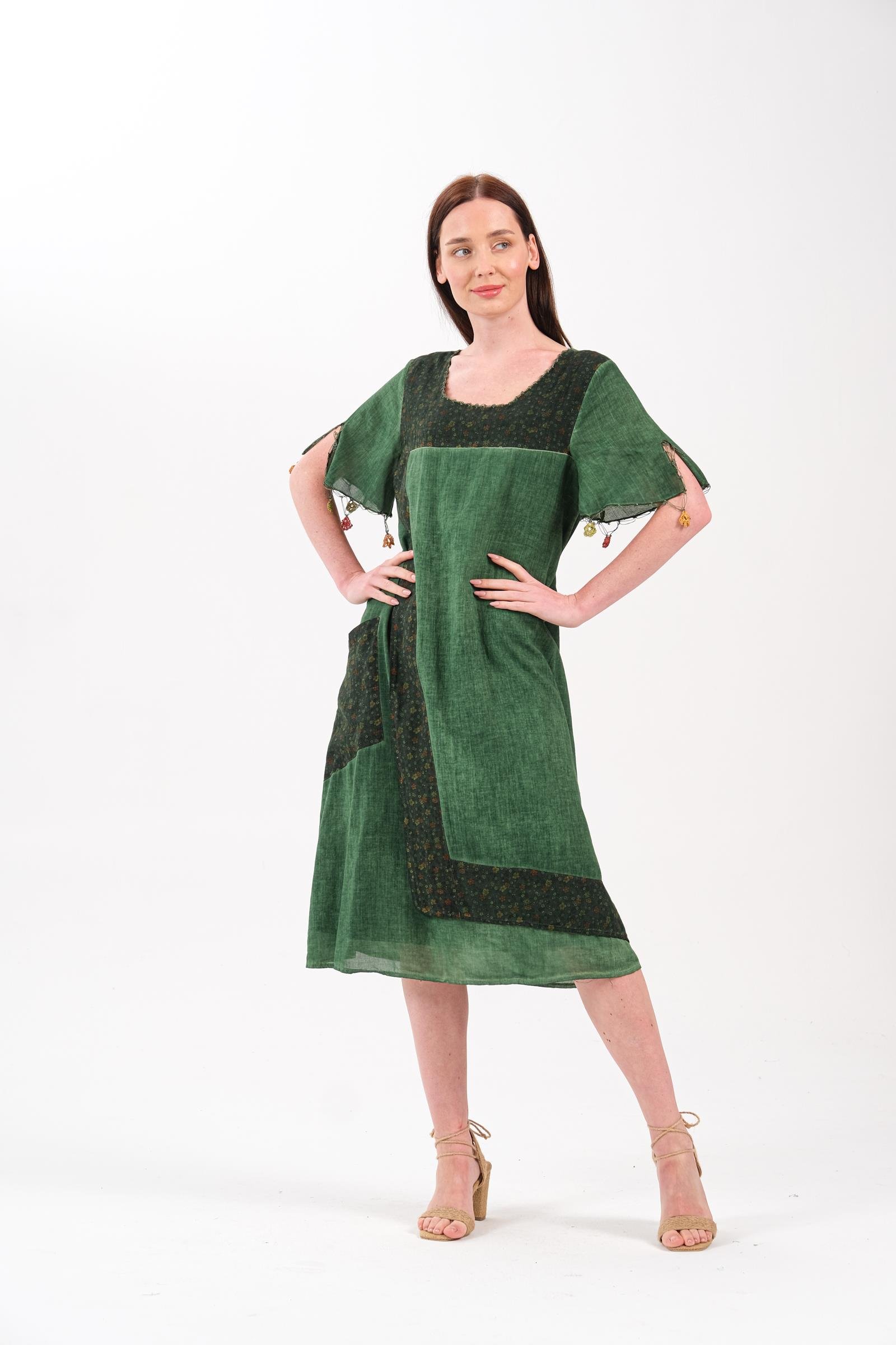 3072 K.Yeşil Desenli Battal Elbise