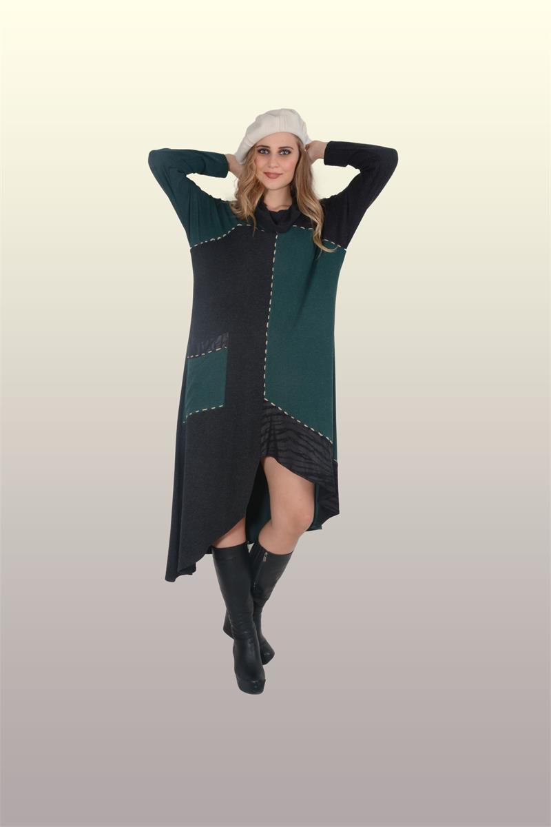 Otantik Giyim-710-Yarasa Degaje Elbise-Yeşil-Siyah