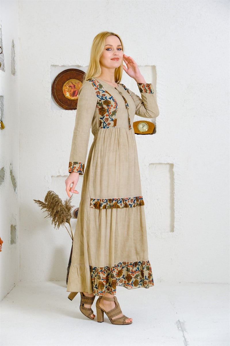 4562 Camel Otantik Elbise