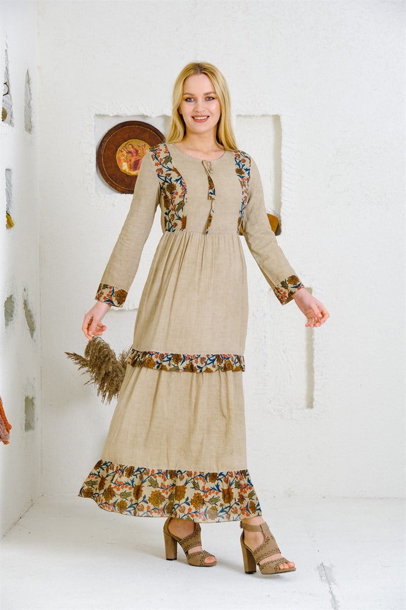 4562 Camel Otantik Elbise