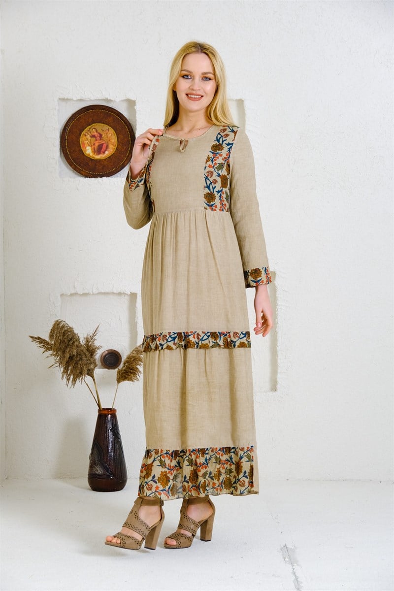 4562 Camel Otantik Elbise